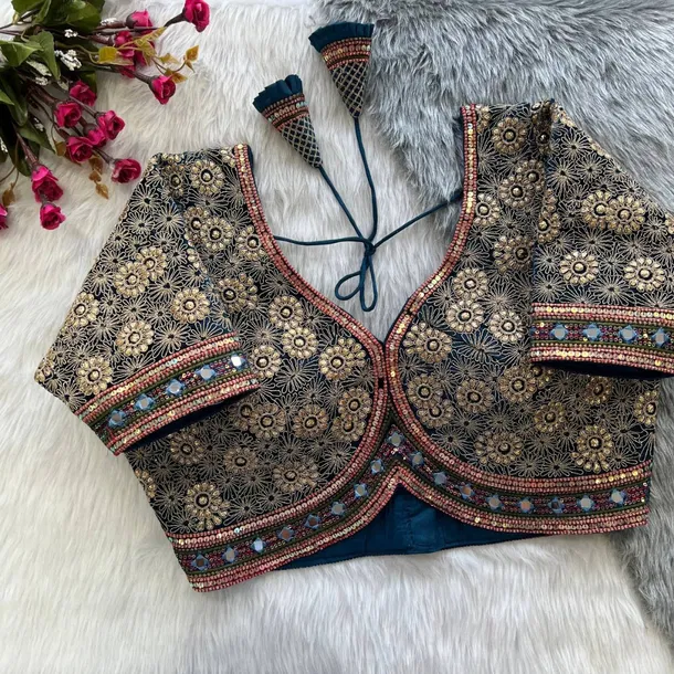 Blue Color Velvet Elegance Bridal Blouse With Heavy Embroidery