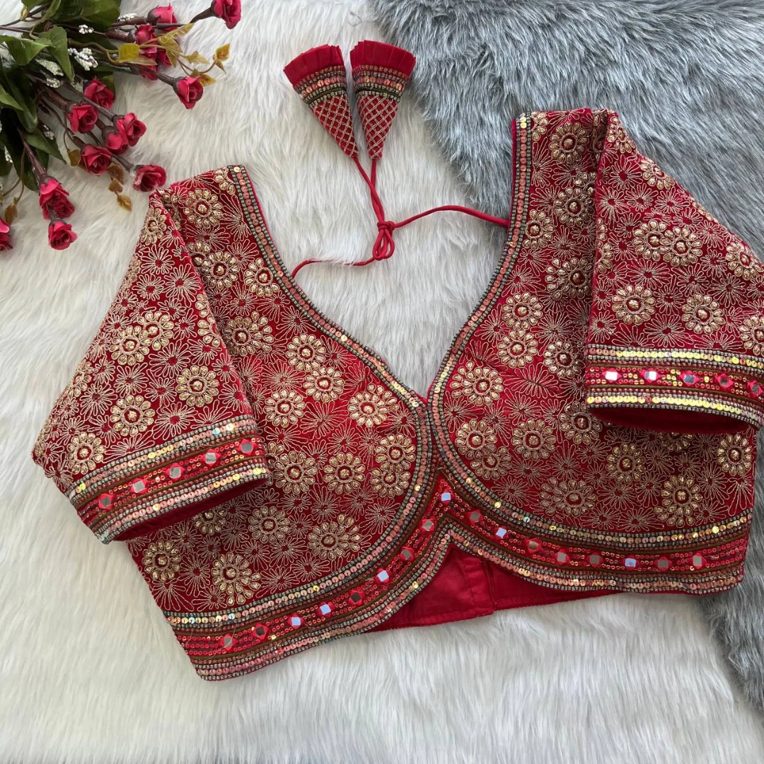 Red Color Velvet Elegance Bridal Blouse With Heavy Embroidery
