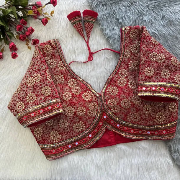 Red Color Velvet Elegance Bridal Blouse With Heavy Embroidery