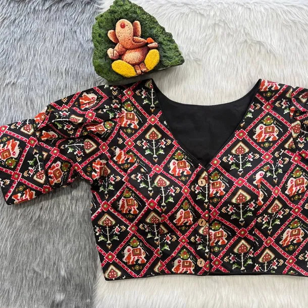 Black Puff Sleeve Patola Print Cotton Blouse