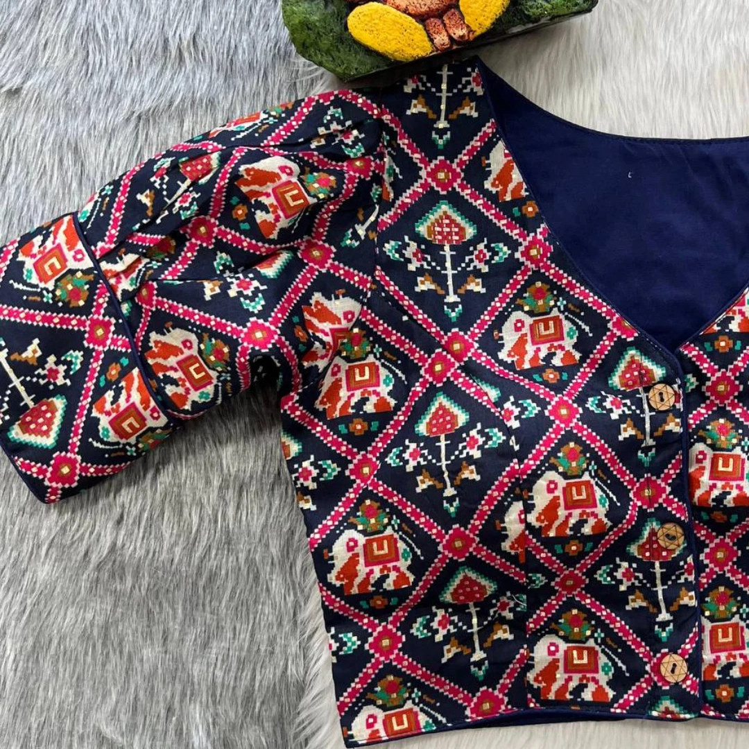 Blue Puff Sleeve Patola Print Cotton Blouse