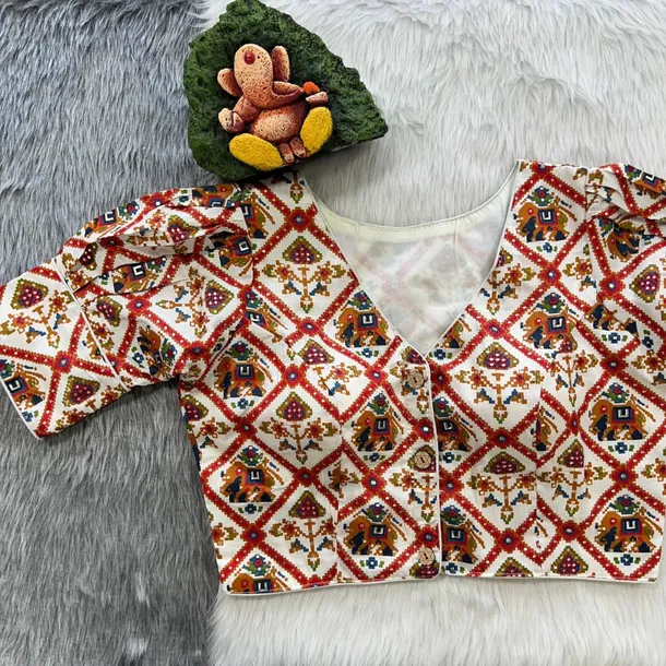 Off White Puff Sleeve Patola Print Cotton Blouse
