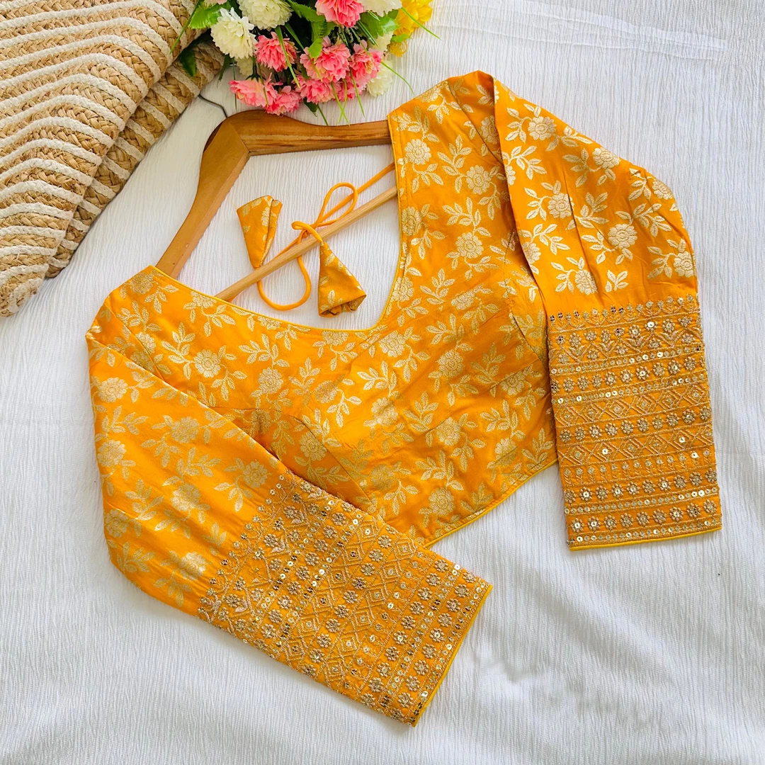 Yellow Beautiful Golden Zari Work Long Sleeves Blouse