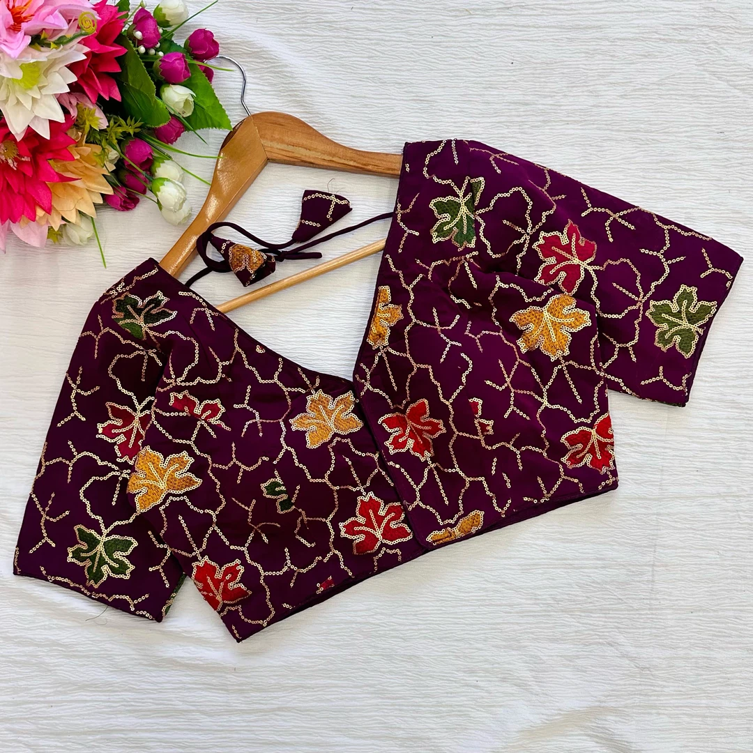 Wine Color Georgette Silk Blouse with Vibrant Embroidery