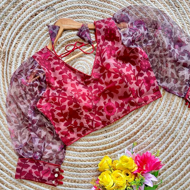 Dark Pink Color Organza Designer Blouse for a Stylish Wardrobe