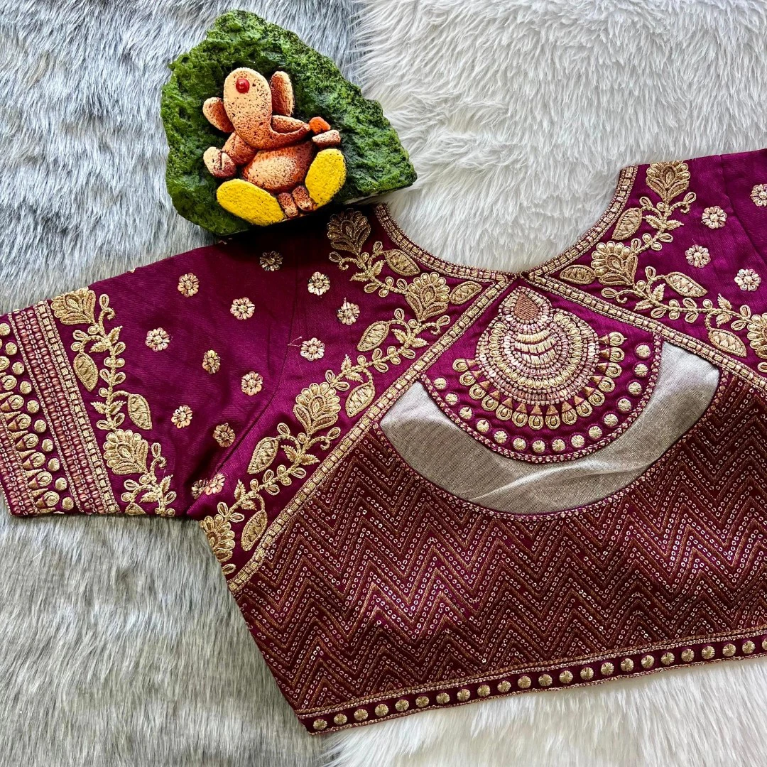 Wine Color Gold Jari & Rainbow Embroidery Wedding Blouse