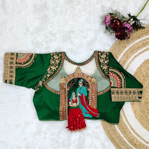 Green Color Bridal Blouse with Heavy Embroidery and 3D Barbie Design